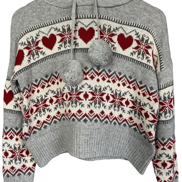 NWT Kaisley Nordic Valentines Heart Print Wool Blend Pom Pom Hooded Sherpa Lined - Picture 2 of 8